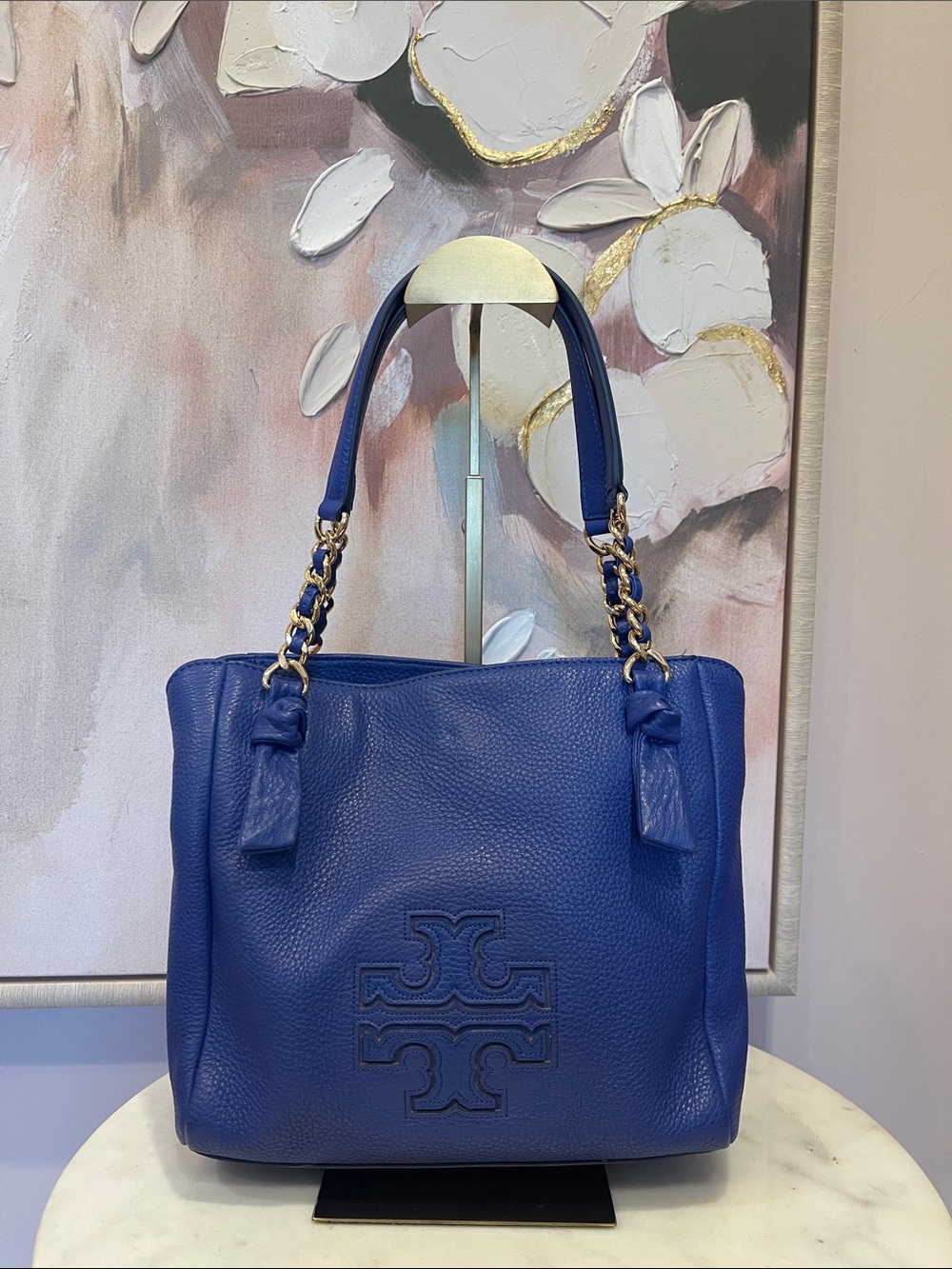 Tory Burch Royal Blue Pebbled Leather Shoulder Tote